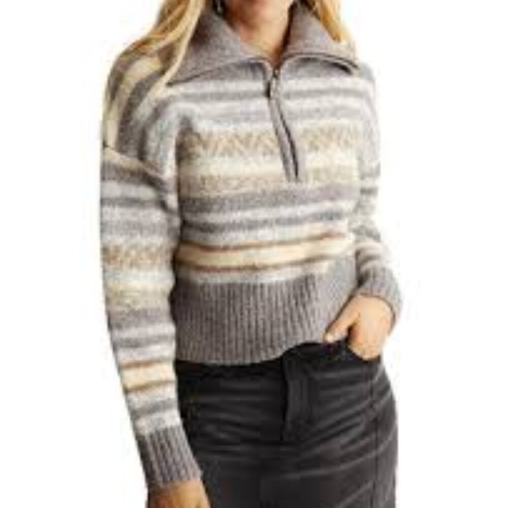 Frye Fair Isle Striped Half Zip Draped Collar‎ Sweater Womens XS Wool Blend Gray